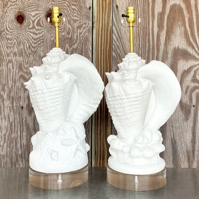 This set of two vintage coastal plaster conch shell lamps brings the essence of the sea into your home. Expertly crafted...