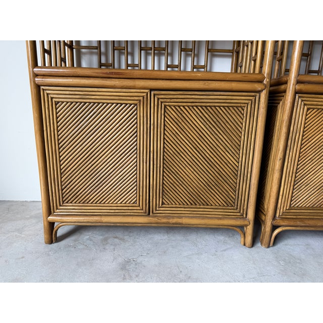 1970's Vintage Palm Beach Regency Arched Rattan Étagères With Cabinets – A Pair For Sale - Image 12 of 16