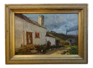 19th Century Vintage "Chickens by the Train Track" Oil Painting by Listed Francois B. Deblois Canadian