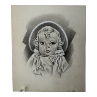 1940s Original Signed Graphite Illustration of Curly-Haired Child in Bonnet, 9 × 7.75 In. For Sale