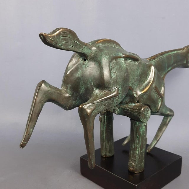 Brass Sculpture of Horse Jumping Over Wooden Base, 1980s For Sale - Image 14 of 18
