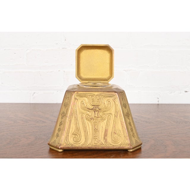 Metal Tiffany Studios New York Chinese Pattern Bronze Doré Large Inkwell For Sale - Image 7 of 11