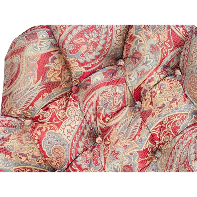Late 20th C Baker Furniture Tufted Club Armchairs, George Smith Style Paisley Upholstery, Brass Casters – Pair For Sale - Image 14 of 18