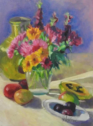 Vintage Daisies and Fruit Still Life Impressionist Painting