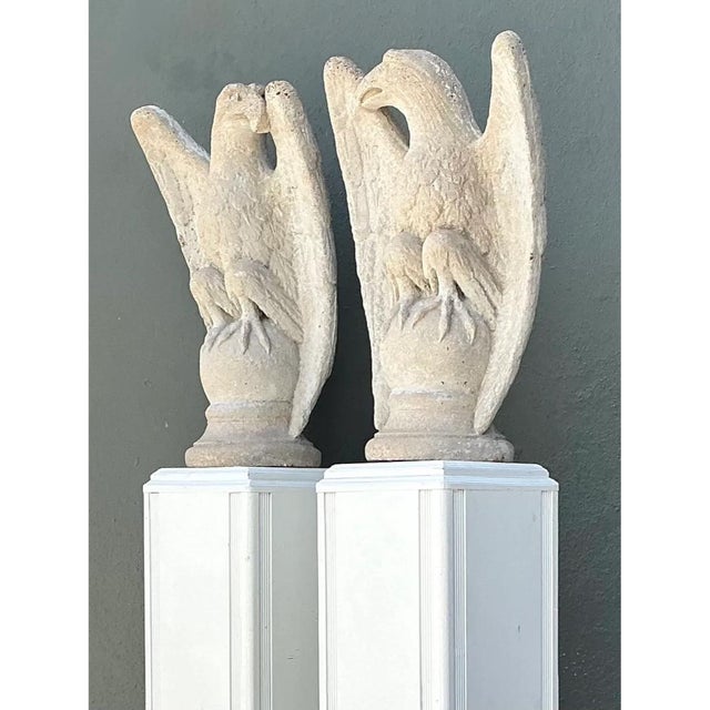 Rustic European Vintage Cast Cement Eagle Statues - Pair For Sale - Image 3 of 12