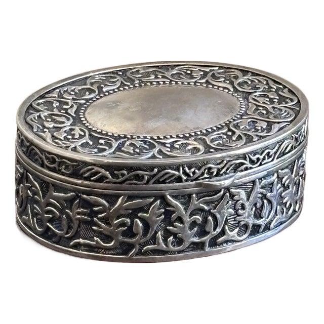 Vintage Silver-Plated Oval Jewelry Box With Blue Velvet Lining & Ornate Foliate Relief For Sale