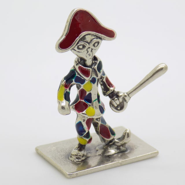 Vintage Italian Handmade Genuine Silver Carnival Harlequin Enamel Figurine For Sale - Image 4 of 9