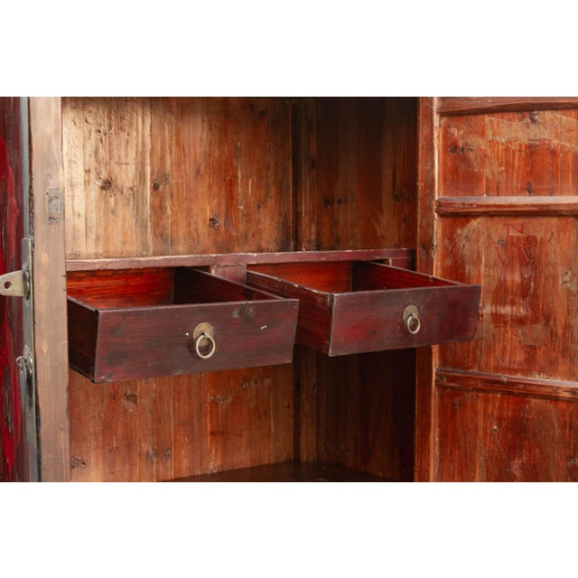 Red Antique Painted Medallions Red Lacquer Tall Cabinet For Sale - Image 8 of 10