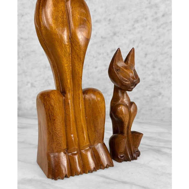 Brown Mid-Century 17" Teak Siamese Cat Carved Sculpture - A Pair For Sale - Image 8 of 9