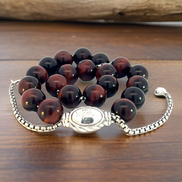1990s David Yurman Tiger Eye Spiritual Beads Bracelet 6.6 - 8.5" Silver 8 mm Estate For Sale - Image 9 of 16
