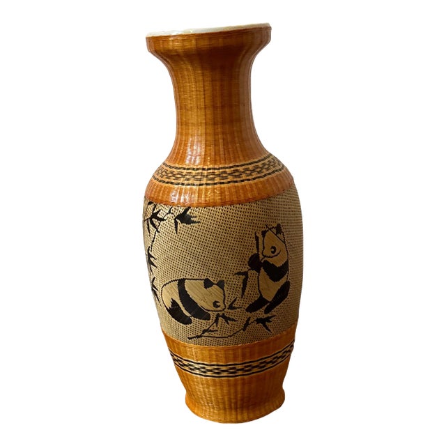 Vintage Rattan Woven Bamboo Chinese Porcelain Vase | Chairish