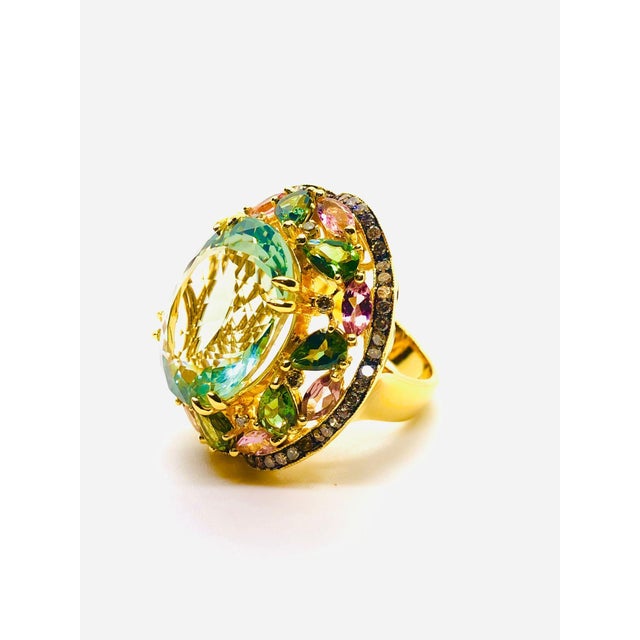 Bochic “Orient” Vintage Diamond, Green Amethyst & Pink Tourmaline Ring Set 18K & Silver For Sale - Image 9 of 10