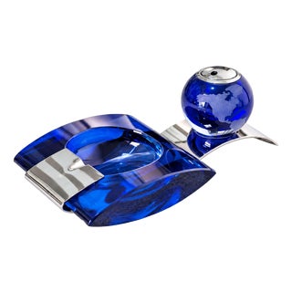 Smoking Set of Murano Glass Ashtray and Lighter in Cobalt Blue in the style of Fontana Arte, 1970s For Sale