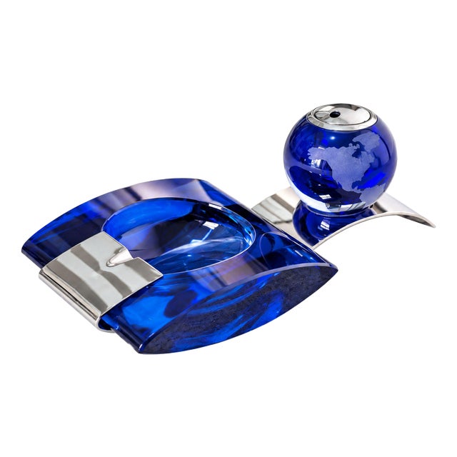 Smoking Set of Murano Glass Ashtray and Lighter in Cobalt Blue in the style of Fontana Arte, 1970s For Sale