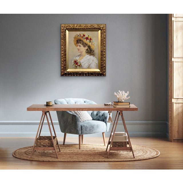 Alice Anne Renshaw, Young Lady with Summer Meadow Flowers in Her Straw Hat, Watercolour & Gouache Painting, 1800s, Framed For Sale - Image 17 of 18