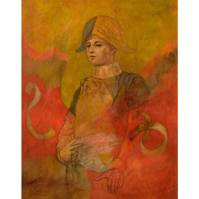 Unique figurative harlequin painting with Picasso style and abstract elements with dream-like layering by Robert Moesle...