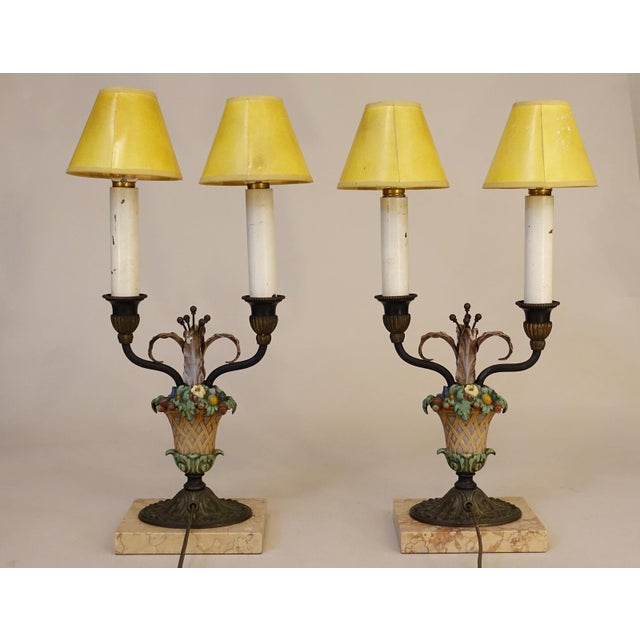 1920s Matched Pair Neoclassic French Empire Regency Tole Bronze Marble Candelabra Table Lamps For Sale - Image 12 of 12