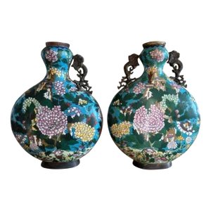 Pair of Antique Chinese Cloisonné Moon Flask Vases, 19th Century, Qing Dynasty