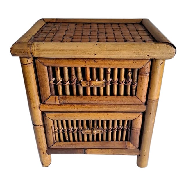 1990s Vintage Bamboo Wicker Rattan 2 Drawer Accent Table For Sale