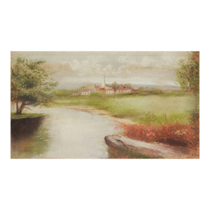 Early 20th Century Pastel Pastoral Village Landscape Painting