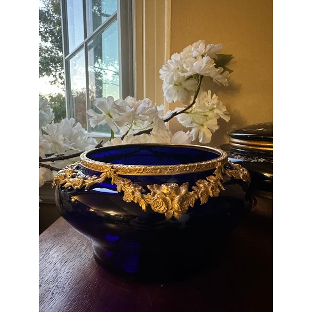 French Antique French Cobalt Blue Glass Vase With Gilt Bronze Floral Garland Mounts For Sale - Image 3 of 4