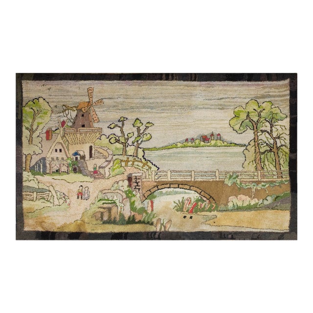 1940s Tan Ecru Dutch Windmill Scenic Pictorial Antique American Hooked Rug 3'2" X 5'6" Wool Carpet For Sale