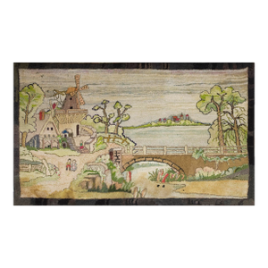 1940s Tan Ecru Dutch Windmill Scenic Pictorial Antique American Hooked Rug 3'2" X 5'6" Wool Carpet
