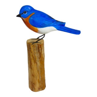 Hand Carved Bluebird Handmade Hand Painted Bird 8"h Wood Carving For Sale