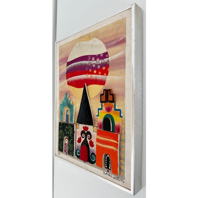 Folk Art "Village With Sun" Monika Watson Mixed Media Collage Art Piece From 1982 For Sale - Image 3 of 10