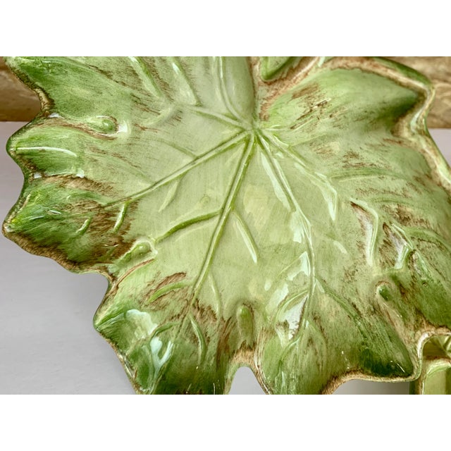 Vintage Portuguese Faiancas Neto & Gomes Hand-Painted Majolica Leaf Canapé Plates- Set of 3 For Sale - Image 11 of 12