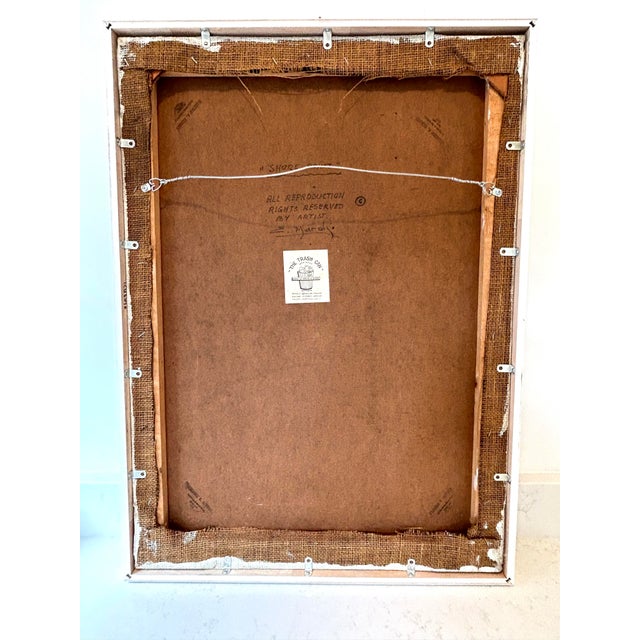 Abstract painting of a harbor scene. Oil on burlap affixed to masonite. Signed bottom right corner "E. Mardi" and a label...