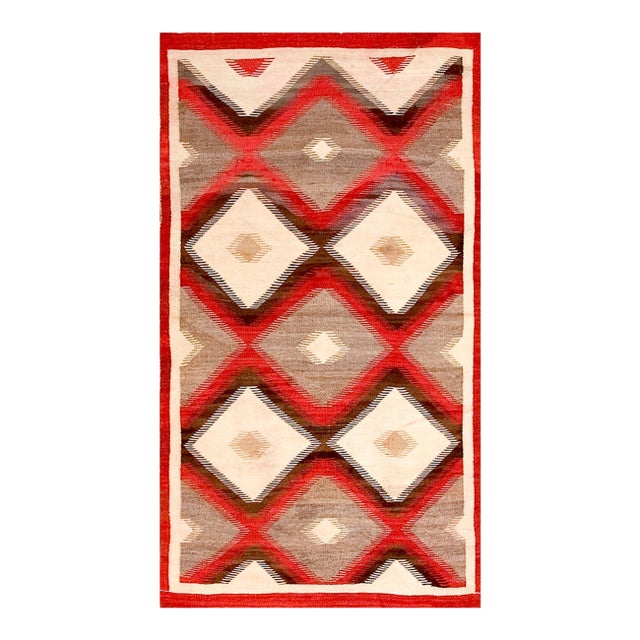 1920s Red Gray Black Tribal Diamond Pattern Flatwoven Antique Native American Navajo Rug 3' X 5' 6" Carpet For Sale