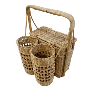 Vintage Wicker Picnic Basket With Beverage Caddy Utensil Storage For Sale