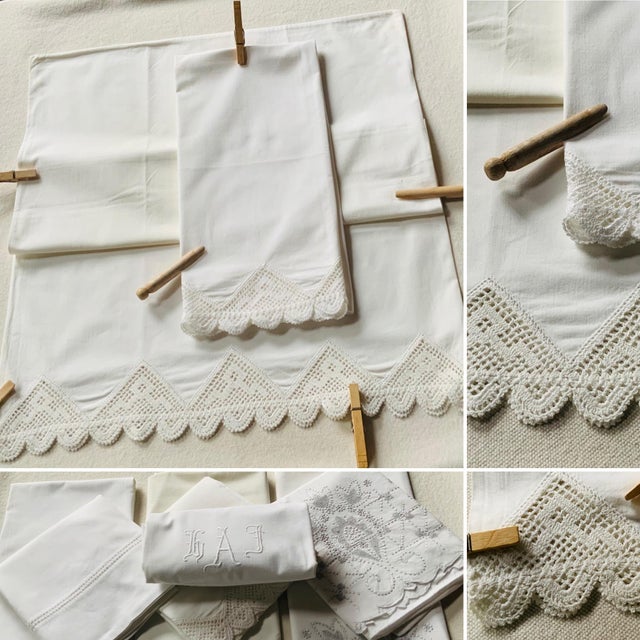 1920s Set of 7 Antique Linen & Cotton Pillowcases With Lace Trim & Monogram — C. 1920s, Nantucket Estate For Sale - Image 5 of 18