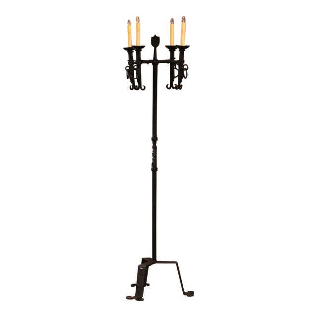 Early 20th Century French Gothic Forged Iron Four-Light Floor Lamp For Sale