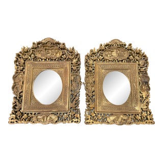 Pair of Antique Ornate Hand Carved Chinese Gilt Wooden Wood Wall Mirrors Frames For Sale