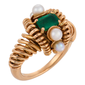 French Mid Century Emerald Pearl 18k Yellow Gold Ring, Size 5