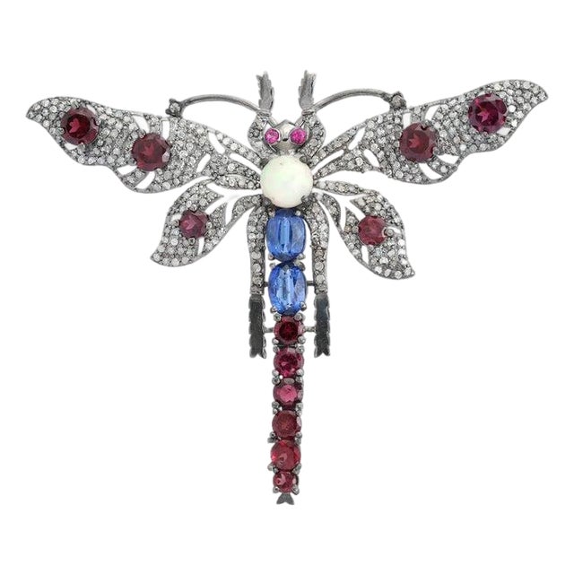 French Victorian Dragonfly Brooch Featuring Multi Gems and Diamonds For Sale