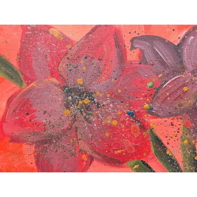 Vibrant abstract red flowers with splashes of green & yellow on box canvas 2007 For Sale - Image 6 of 8