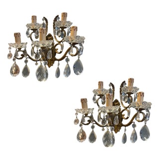 Large Bronze and Crystal Wall Sconces, Italy, 1950s, Set of 2 For Sale