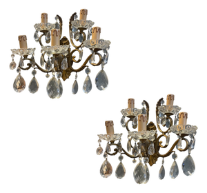 Large Bronze and Crystal Wall Sconces, Italy, 1950s, Set of 2