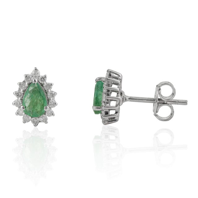 Art Deco Vintage Style Natural Pear Emerald & Diamond Halo Stud Earrings in 925 Silver 2 Pieces For Sale - Image 3 of 12