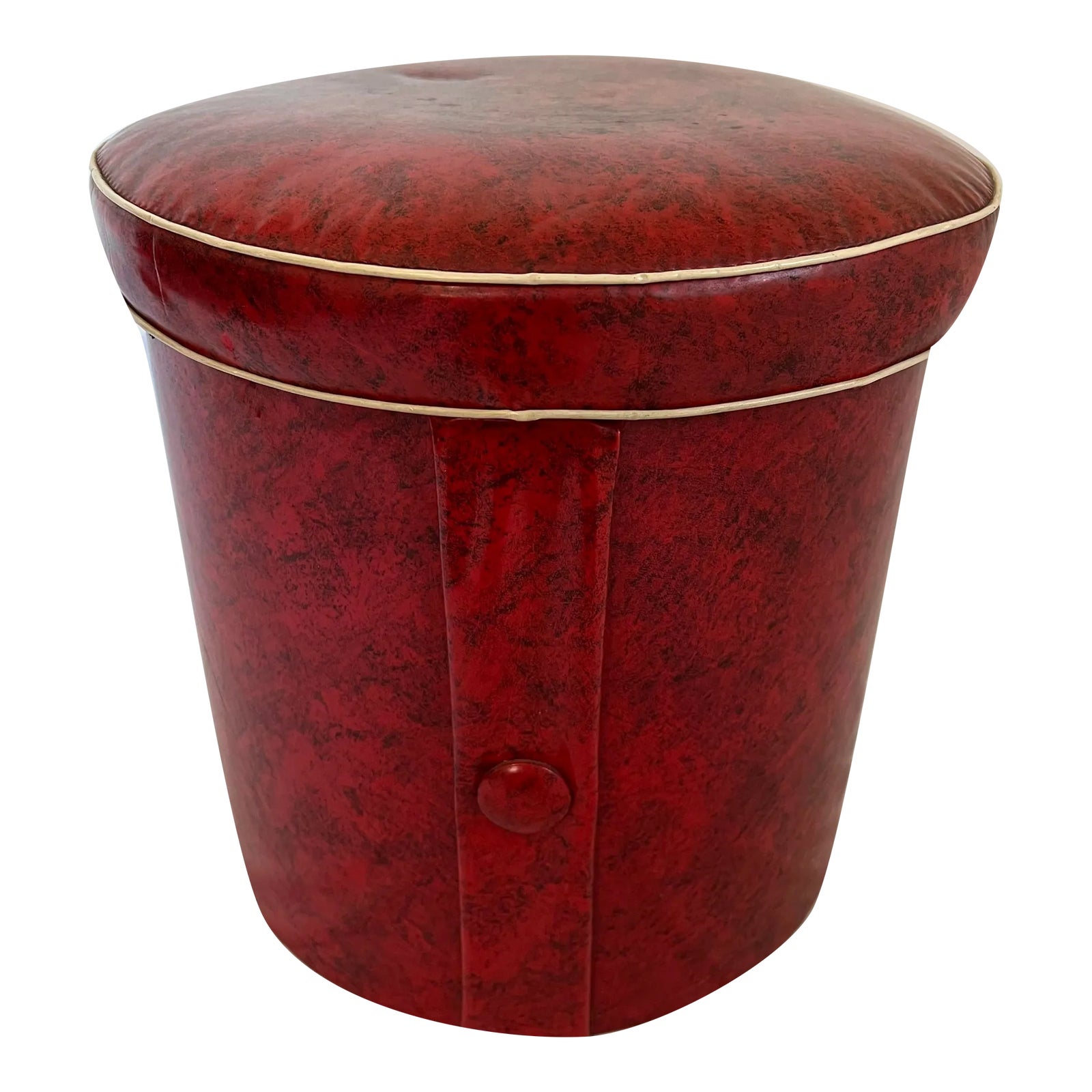 Late 20th Century Vintage Red Patterned Vinyl Round Ottoman | Chairish