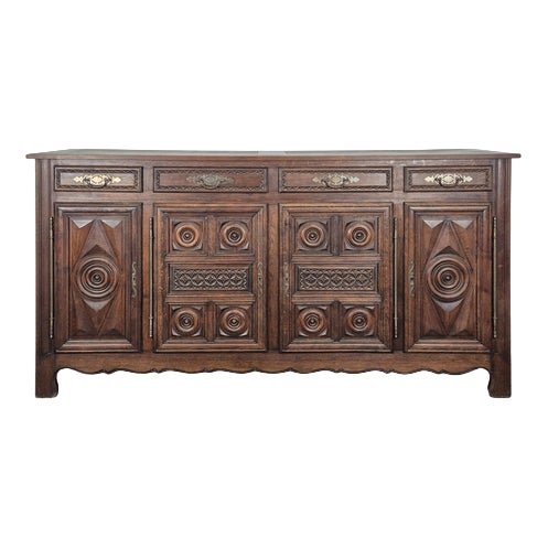 Low Sideboard with Four Doors in Oak Carved with Rosettes For Sale