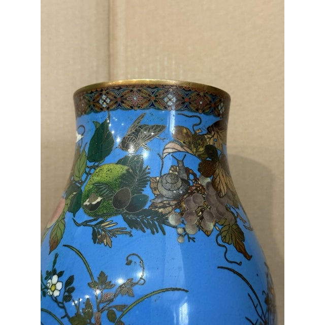 Late 19th Century Meiji Japanese Cloisonne Enamel Vase With Quail, Insects, Fruit, and Flowers For Sale - Image 5 of 15