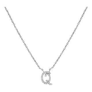 10K White Gold Diamond Accent "Q" Initial Script Style Pendant Necklace For Sale