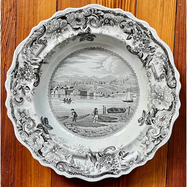 Ceramic Antique 19th Century English Staffordshire Clews Historical Brown Transferware Soup Plate Picturesque Views Hudson, New York & Hudson River For Sale - Image 7 of 12