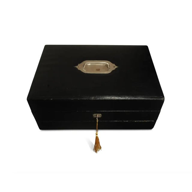Victorian Glossy Black Leather Extending Correspondence Box / Writing Slope with Black Tooled Leather Interior, Set of 6 For Sale - Image 4 of 8