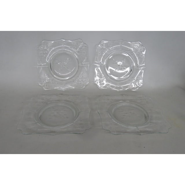 Clear Glass Square Plates 4pc Set With Floral Etched Motif Scalloped Edges 4852b For Sale - Image 11 of 12