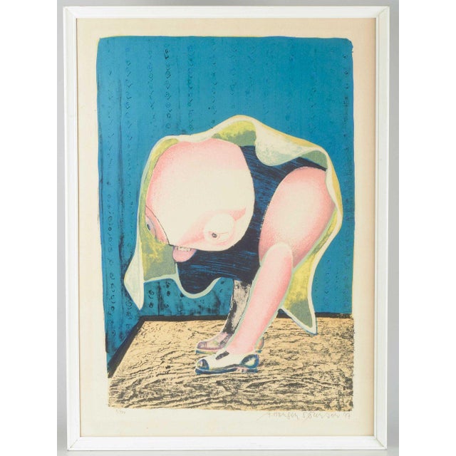 Arne Haugen Sørensen. Colour lithograph on paper. Satirical composition with figure. An expressive and figurative...